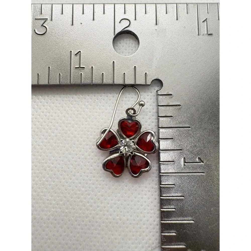 Vintage Red Heart Glass Flower Dangle Earrings Silver Tone Rhinestone‎ Center - Picture 6 of 7